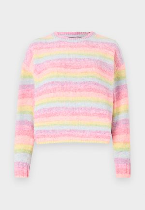 Multicolor striped sweater featuring pink, blue, and pastel yellow hues, with a soft, textured finish and a round neckline.