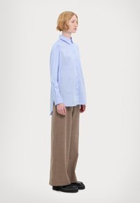 Camicia button-up azzurro chiaro con maniche lunghe, caratterizzata da uno spacco laterale; abbinata a pantaloni a quadri marroni larghi e scarpe con zeppa nere.