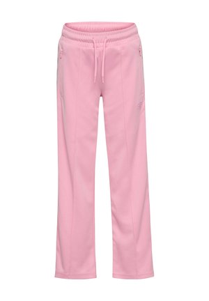 Lyserøde bukser med lige ben, elastisk talje og snøre, med lynlåslommer i siden og diskrete lodrette sømdetaljer.