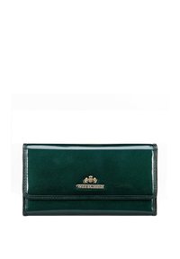 Grünes Lederportemonnaie mit glänzender Oberfläche, ausgestattet mit einem goldfarbenen Logo und einem Klappdesign. Glatte Textur mit klaren Linien.