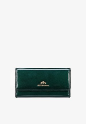 Portafoglio in pelle verde con una finitura lucida, caratterizzato da un logo in tonalità oro e un design con pattina pieghevole. Texture liscia con linee pulite.