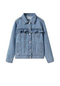 Světlá modrá džínová bunda s volánkovým designem přes hrudník, klasickým límečkem a dvěma předními kapsami. Stříbrné zapínání na cvočky.
