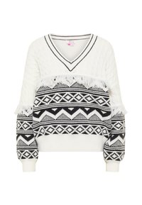 Weißer V-Ausschnitt-Pullover mit schwarzen geometrischen Mustern, versehen mit Fransen auf der Brust und den Ärmeln, gestrickter Textur und gerippten Bündchen.