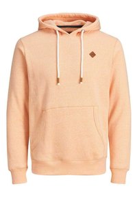 Helle Pfirsich-Hoodie mit einer Fronttasche, Kordelzugkapuze und einem kleinen, braunen Lederetikett auf der Brust. Weicher Stoff.