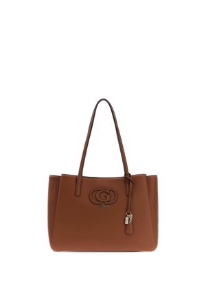 Braune Guess-Handtasche aus Leder mit doppelten Griffen, eingeprägtem Logo auf der Vorderseite und angehängtem Schlüsselanhänger mit kleinen Schlüsseln.