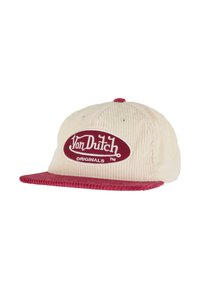 Kremkrāsas korduroja cepure ar sarkanu malu. Uz cepures ir izteikts ovāls logo plāksteris bordo krāsā ar uzrakstu "Von Dutch Originals." Teksturēta virsma.