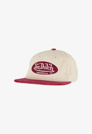 Kapsel z kordurowej tkaniny w kremowym kolorze z czerwonym daszkiem. Posiada wyraźną owalną łatkę z logo w kolorze bordowym z napisem "Von Dutch Originals". Teksturowana powierzchnia.