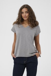 Grijze T-shirt met korte mouwen en V-hals, gemaakt van zacht, lichtgewicht materiaal, met een relaxte pasvorm en minimale textuurdetails.