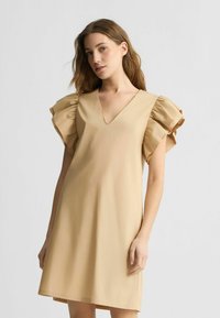 Abito beige con scollatura a V e maniche a volant. Il tessuto appare liscio con una consistenza leggera. L'orlo è sopra il ginocchio.