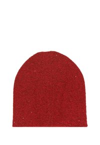 Red knitted beanie with a textured surface and rounded top. Features a seamless design with subtle sparkles. The color is uniform throughout.