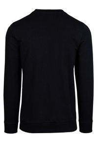 Zwarte sweatshirt met lange mouwen, geribbelde halslijn en manchetten. Stijlvolle textuur en eenvoudig ontwerp zonder patronen of duidelijke accenten.