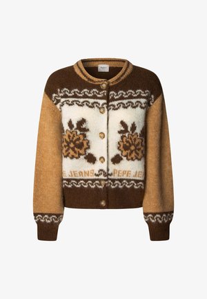 Knitted cardigan in brown, cream, and tan with a floral pattern. Features a round neckline, button closure, and ribbed cuffs.