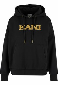 Čierna mikina s klokaním vreckom, s vyšívaným zlatým logom "KANI" a šnúrkami so zlatými koncami. Mäkká tkanina, voľný strih.