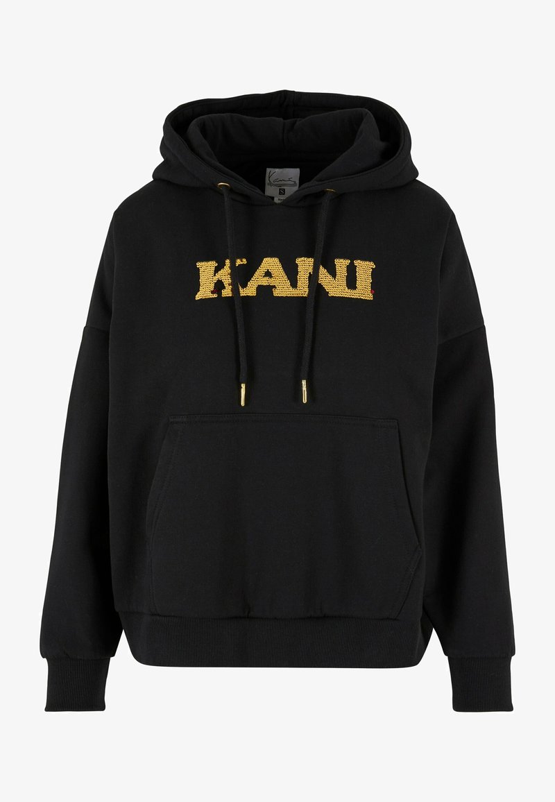 Black hoodie with a kangaroo pocket, featuring a gold embroidered "KANI" logo and drawstrings with gold tips. Soft fabric, relaxed fit.