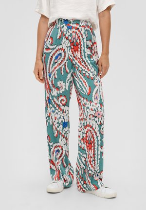 Brede broek met bloemenpatroon in teal, voorzien van rode, roze en blauwe accenten, gemaakt van lichtgewicht stof met een ontspannen pasvorm en een elastische tailleband.
