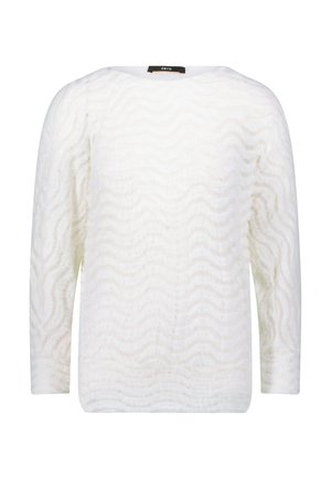 Weißer Pullover mit wellenförmigem Strukturmuster, langen Ärmeln und weitem Rundhalsausschnitt. Hergestellt aus weichem Material, das einen leichten Eindruck vermittelt.
