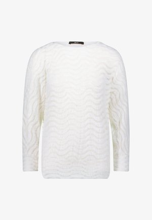 Witte trui met een golvend textuurpatroon, lange mouwen en een brede ronde halslijn. Gemaakt van zacht materiaal en heeft een lichte uitstraling.