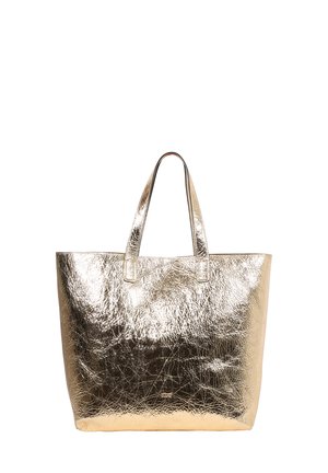 Metallic gold Tasche mit strukturiertem Finish, ausgestattet mit zwei robusten Griffen und einem offenen Design. Glattes Material mit einer glänzenden, reflektierenden Oberfläche.