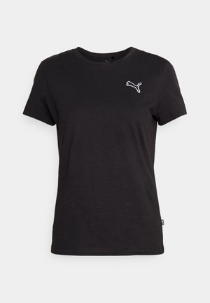 T-shirt en coton noir avec un col rond, des manches courtes et un logo Puma blanc brodé sur la poitrine gauche. Tissu lisse, coupe classique.