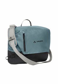 Borsa a tracolla in teal e nero, realizzata in tessuto resistente. Presenta una tracolla regolabile, una maniglia superiore e una tasca laterale con zip per riporre oggetti.