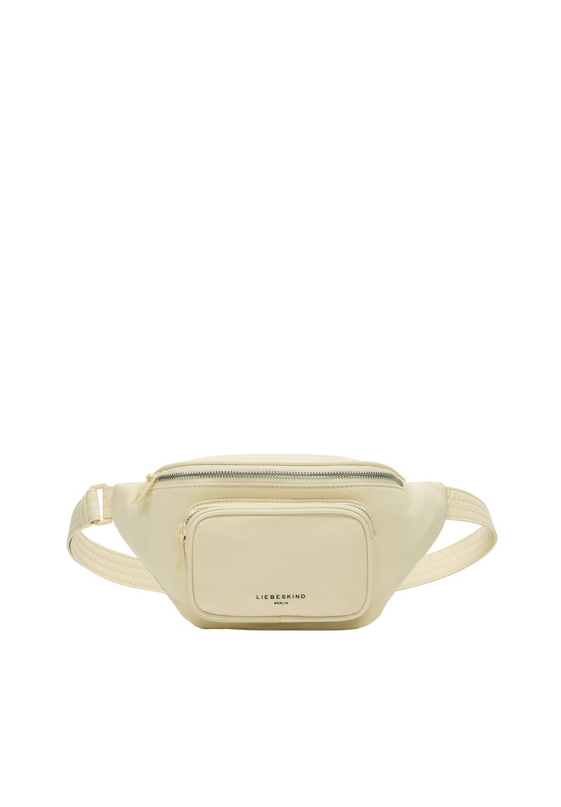 Kremowa nerka wykonana z gładkiego materiału syntetycznego, z główną komorą zapinaną na zamek i mniejszą przednią kieszenią z detalem logo.