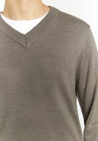 Maglione con scollo a V in una tonalità di marrone tenue, dotato di una texture a coste e maniche lunghe, indossato sopra una maglietta bianca a girocollo.