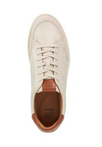 Cream leather sneaker with brown accents, featuring a structured shape, rounded toe, and lace-up front. Logo embossed on the tongue.