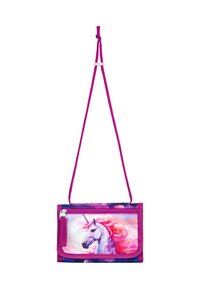 Borsa a tracolla in tessuto viola con design di un unicorno con criniera rosa, scomparto con zip e spallaccio regolabile.