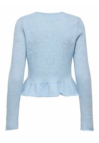 Šviesiai mėlynas megztinis su peplum apačia, ilgomis rankovėmis ir subtiliais raštais nugaros pusėje. Minkšta tekstūra ir lengva medžiaga.