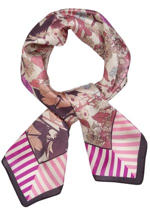 Foulard en soie avec des motifs floraux roses, violets et beiges et des extrémités rayées géométriques, plié en un nœud lâche.