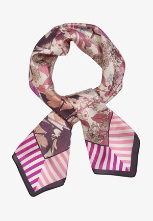 Foulard en soie avec des motifs floraux roses, violets et beiges et des extrémités rayées géométriques, plié en un nœud lâche.