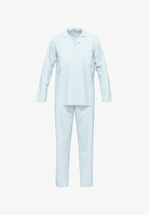 Conjunto de pijama de rayas azul claro hecho de tela suave; cuenta con mangas largas, un bolsillo en el pecho y pantalones de pierna recta con dobladillos ajustados.