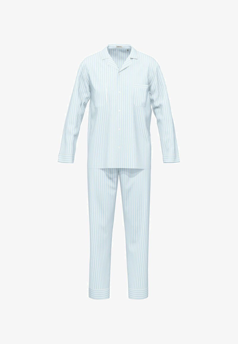 Ensemble de pyjama rayé bleu clair en tissu doux ; comprend des manches longues, une poche poitrine et un pantalon droit avec des ourlets à revers.