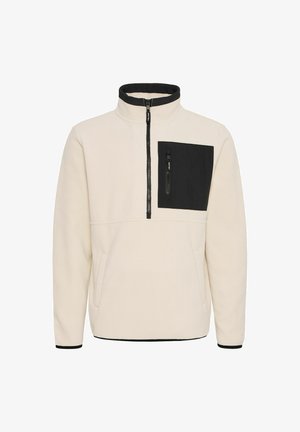 Fleece-Pullover in Off-White mit schwarzen Akzenten. Verfügt über einen halben Reißverschluss-Kragen, eine Brusttasche und eine Kängurutasche auf der Vorderseite.