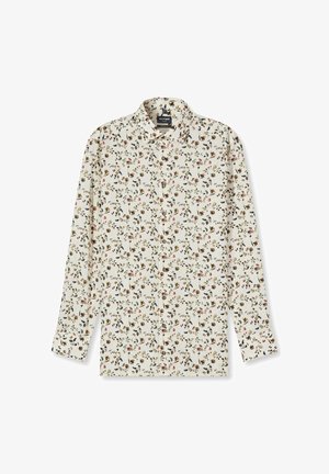 Chemise blanche à manches longues avec boutons et un petit motif floral et d'oiseaux en tons marron, vert, bleu et rose.