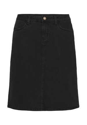 Black denim skirt with five pockets, front button fastening, straight cut, knee length, and subtle stitching details along the seams.
