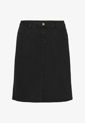 Schwarze Denim-Rock mit fünf Taschen, Knopfverschluss vorne, gerader Schnitt, knielang und subtilen Nähdetails entlang der Nähte.