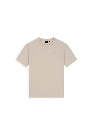 Beige kort mouw ribgebreid T-shirt met ronde hals en klein zwart 'BALLIN'' logo op de linkerborst.