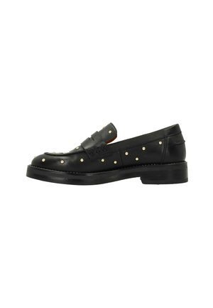 Black leather loafers with studded accents, featuring a low heel and a woven design on the upper, smooth texture, and a rounded toe.