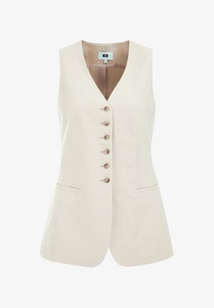 Světle béžová bezsložková vesta s véčkovým výstřihem, s šesti knoflíky vpředu a dvěma bočními kapsami, vyrobena z lehkého materiálu.