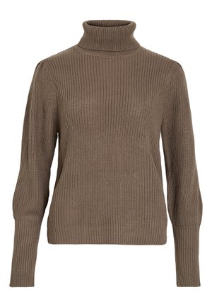 Brun ribbestrikket genser med høy polo og tettsittende ermer, med en teksturert overflate og en avslappet passform.