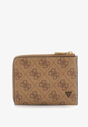 Brown geometric-patterned wallet with a textured finish, featuring a gold zipper and logo accent in the bottom corner. Compact rectangular shape.