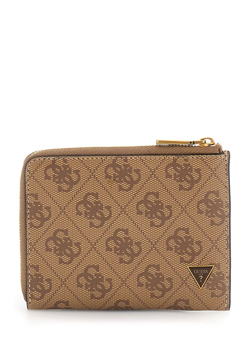 Brown geometric-patterned wallet with a textured finish, featuring a gold zipper and logo accent in the bottom corner. Compact rectangular shape.