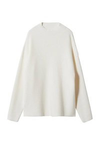 Pull à manches longues et col rond en tissu blanc texturé, avec un design côtelé et une coupe légèrement oversize.