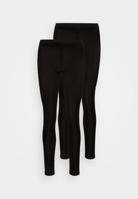 Sorte leggings laget av et elastisk, glatt materiale. De har et høyt liv og en tett passform, passende for ulike aktiviteter.