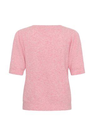 Kurzarm-Pullover in Hellrosa, weiche Strickstruktur, gerippter Halsausschnitt und Ärmelsäume, Rückansicht, legeres Design.