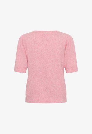 Kurzarm-Pullover in Hellrosa, weiche Strickstruktur, gerippter Halsausschnitt und Ärmelsäume, Rückansicht, legeres Design.