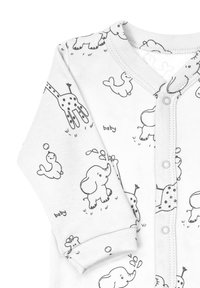 Jasnoszary body dla niemowląt z czarnymi rysunkami linii przedstawiającymi słonie, żyrafy i inne zwierzęta. Zapięcie na zatrzaski i miękka bawełniana tekstura.