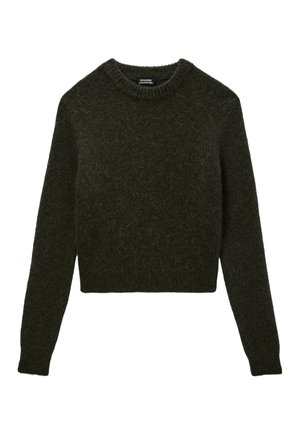 Pull en maille vert foncé avec un col rond, des manches longues et des poignets côtelés. Fabriqué en tissu doux, il présente une coupe courte.