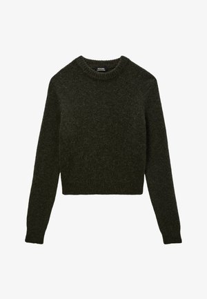 Pull en maille vert foncé avec un col rond, des manches longues et des poignets côtelés. Fabriqué en tissu doux, il présente une coupe courte.
